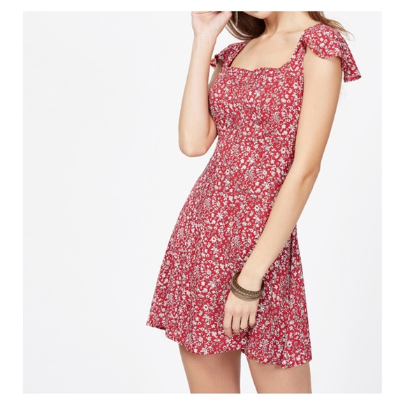 Red Floral Square Neckline Criss Cross Back Dress - Picture 1 of 4